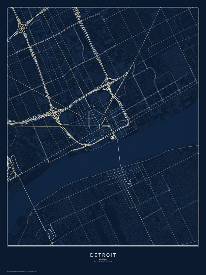 Detroit map poster, midnight style