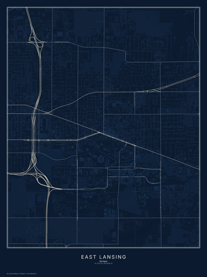 East Lansing map poster, midnight style