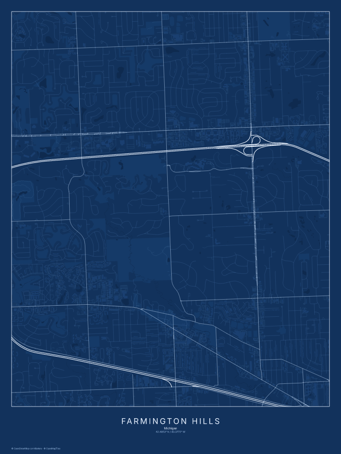 Farmington Hills map poster, blueprint style