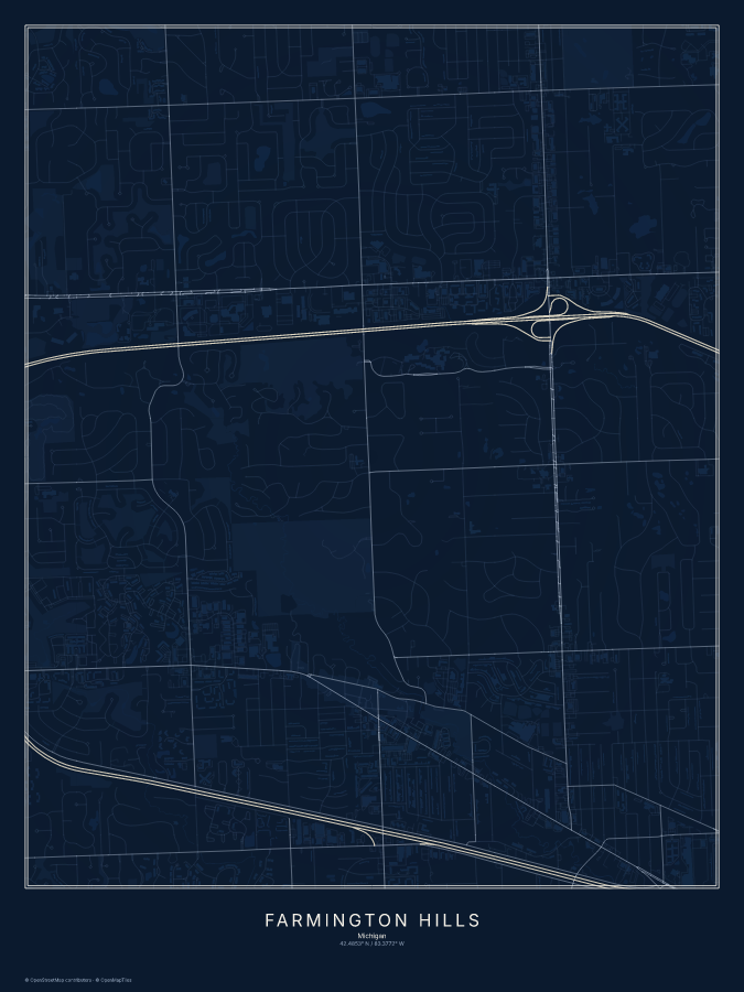Farmington Hills map poster, midnight style