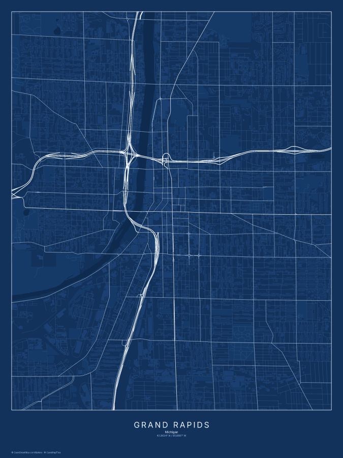 Grand Rapids map poster, blueprint style