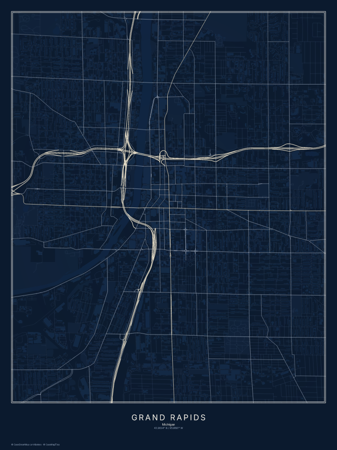 Grand Rapids map poster, midnight style