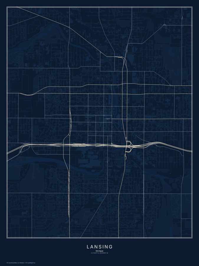 Lansing map poster, midnight style