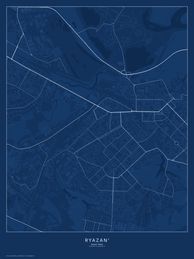 Ryazan’ map poster, blueprint style