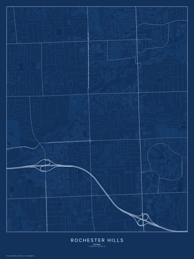 Rochester Hills map poster, blueprint style