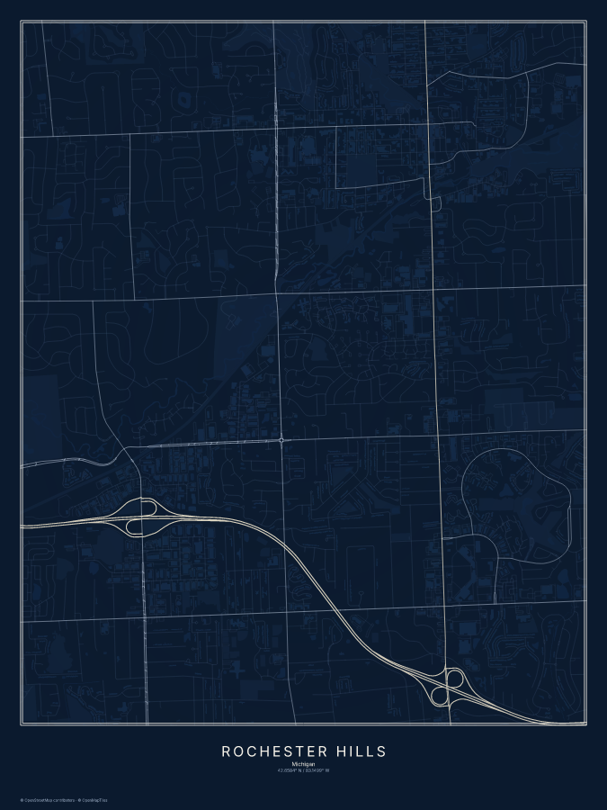 Rochester Hills map poster, midnight style