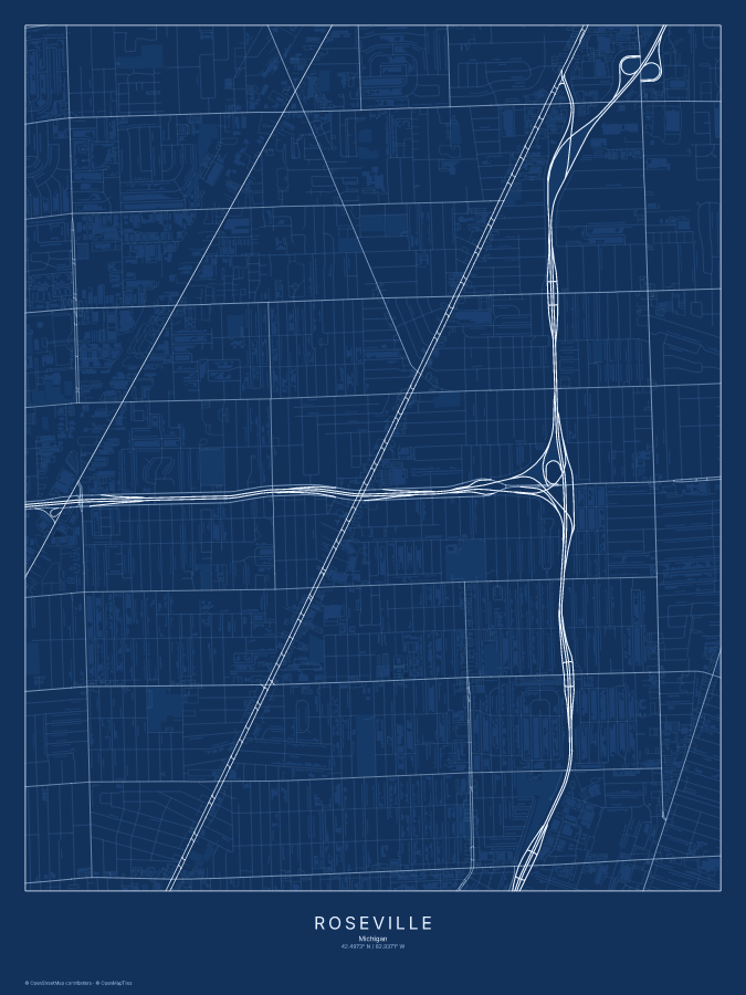 Roseville map poster, blueprint style