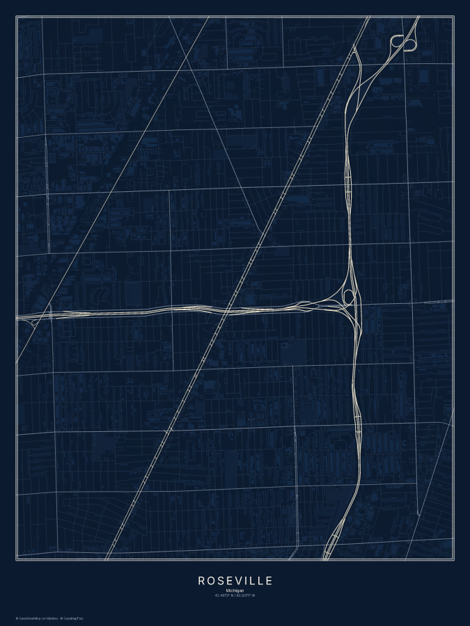 Roseville map poster, midnight style