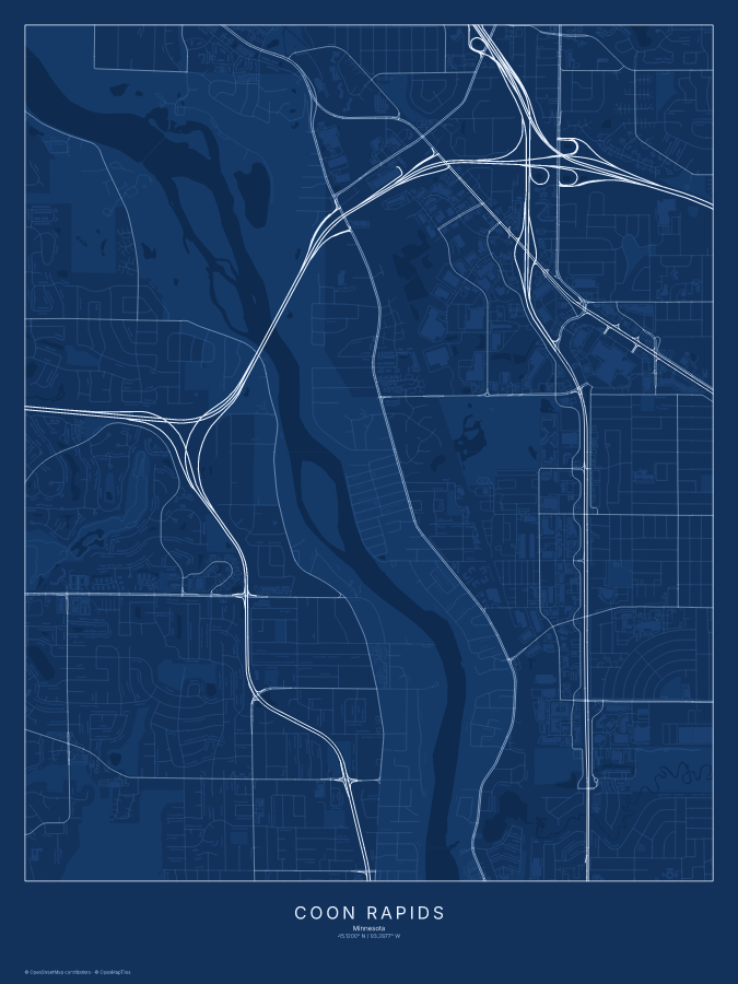 Coon Rapids map poster, blueprint style