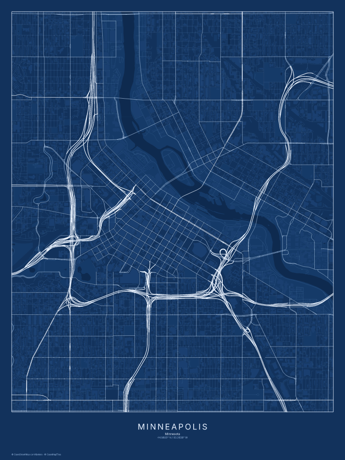 Minneapolis map poster, blueprint style