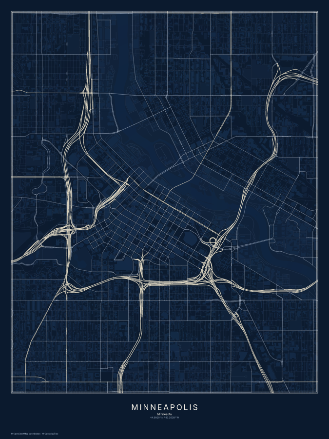 Minneapolis map poster, midnight style