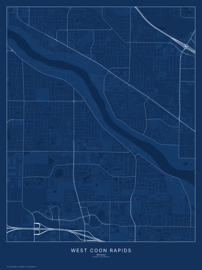 West Coon Rapids map poster, blueprint style