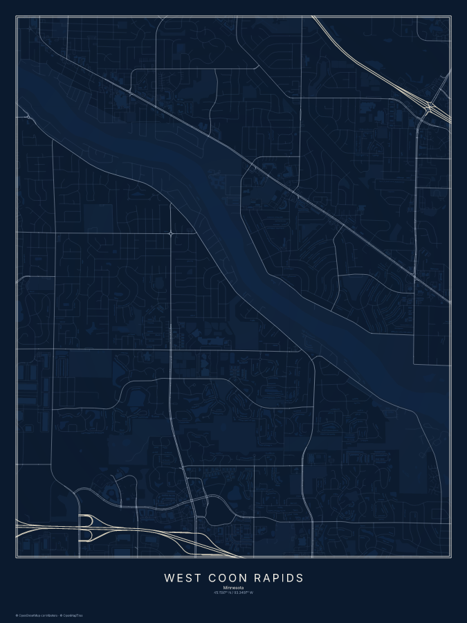 West Coon Rapids map poster, midnight style