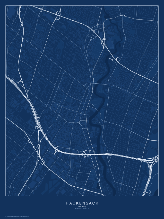Hackensack map poster, blueprint style