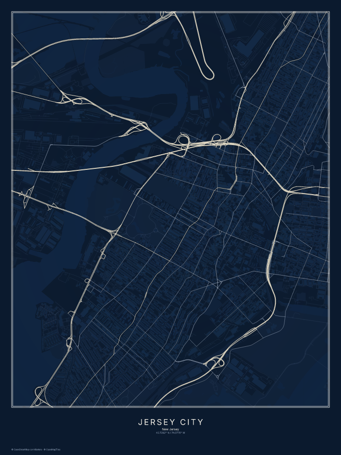 Jersey City map poster, midnight style