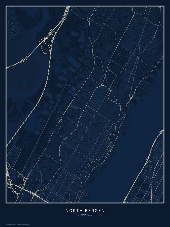 North Bergen map poster, midnight style
