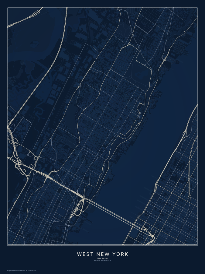West New York map poster, midnight style