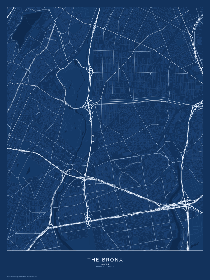 The Bronx map poster, blueprint style