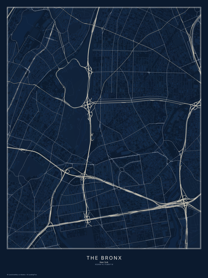 The Bronx map poster, midnight style