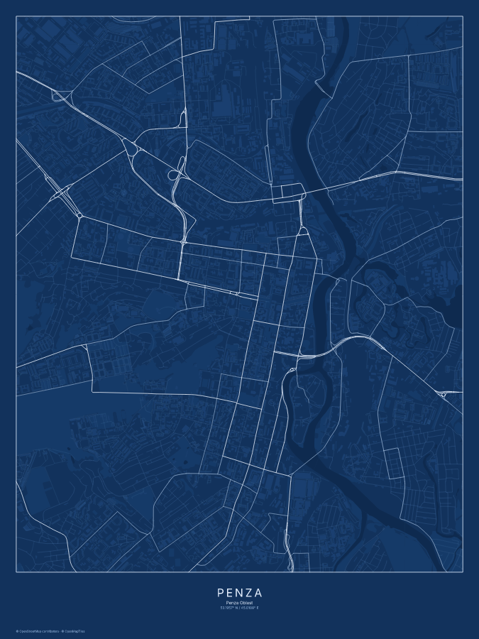Penza map poster, blueprint style