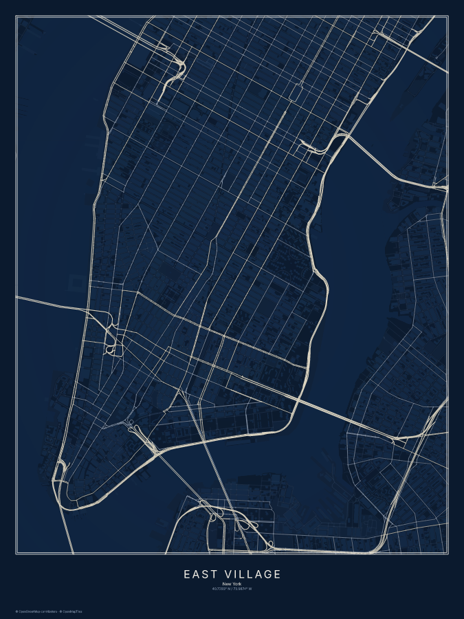 East Village map poster, midnight style