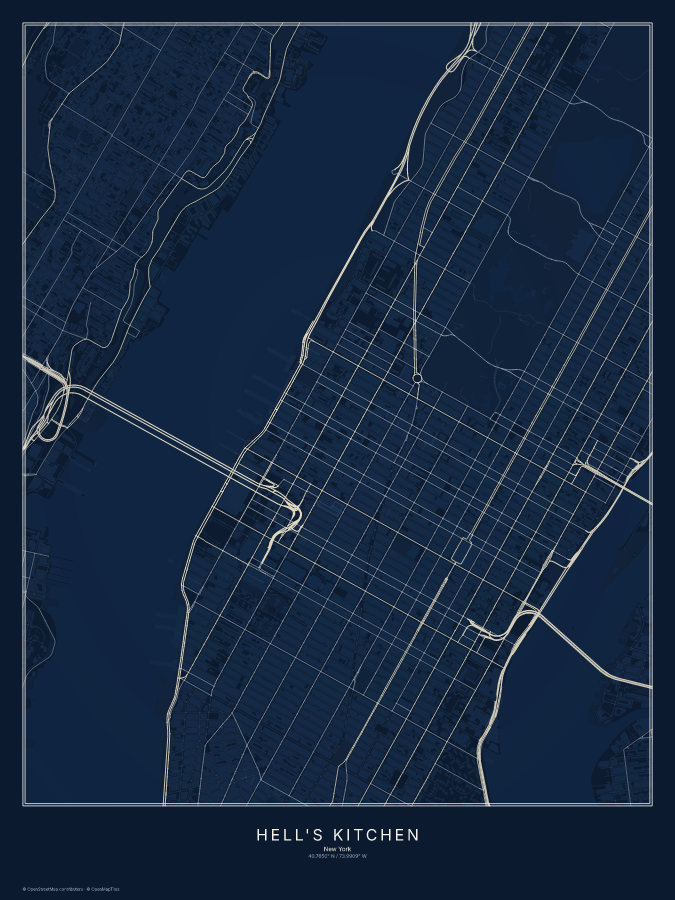 Hell's Kitchen map poster, midnight style