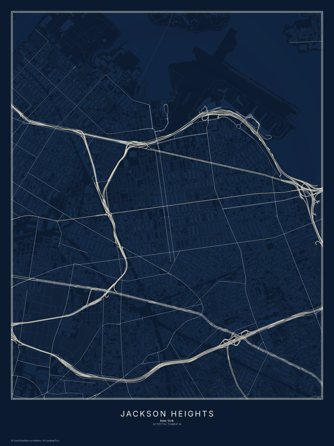 Jackson Heights map poster, midnight style