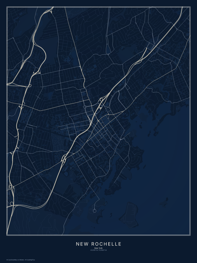 New Rochelle map poster, midnight style