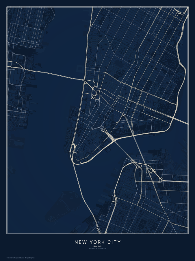 New York City map poster, midnight style
