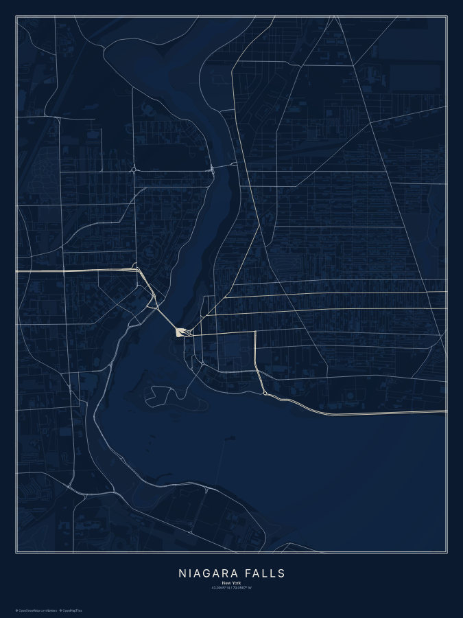 Niagara Falls map poster, midnight style