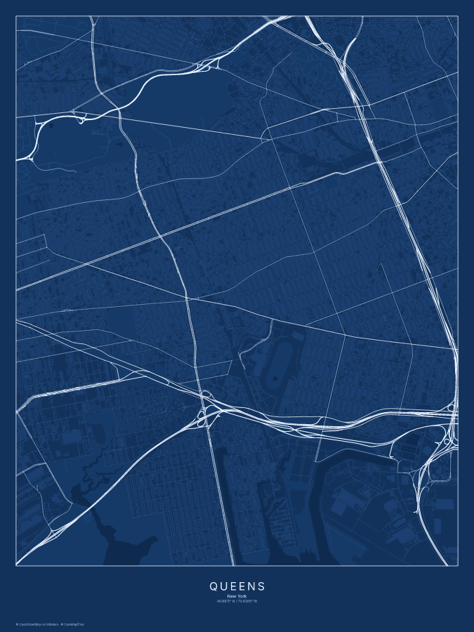 Queens map poster, blueprint style