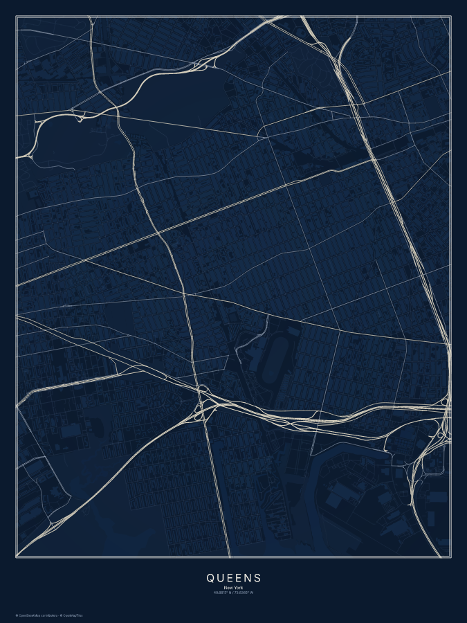 Queens map poster, midnight style