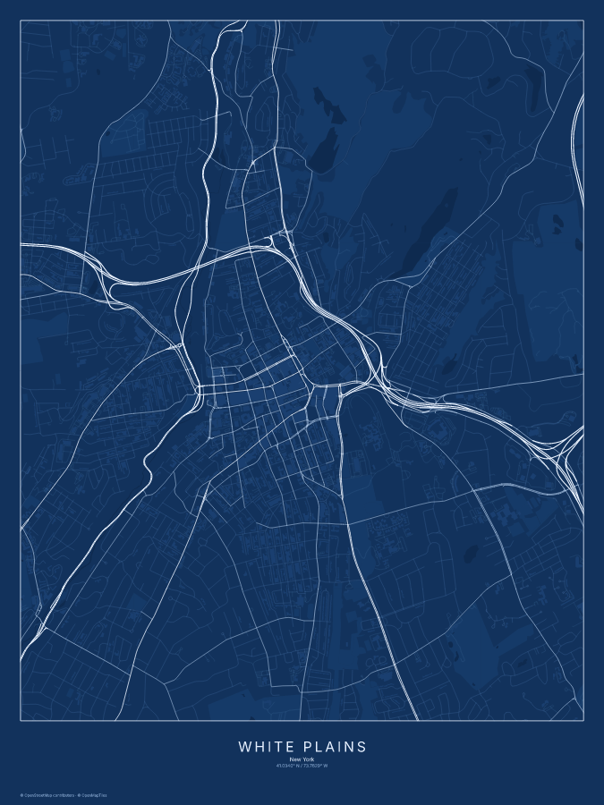 White Plains map poster, blueprint style