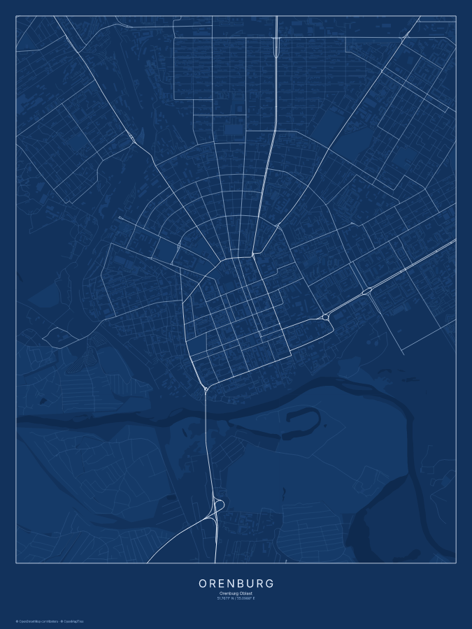 Orenburg map poster, blueprint style