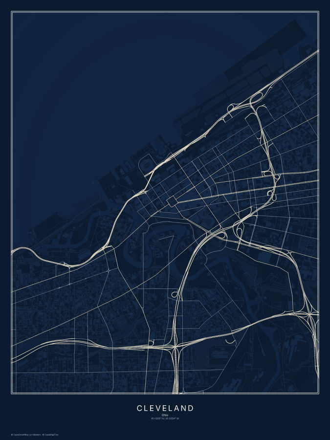 Cleveland map poster, midnight style