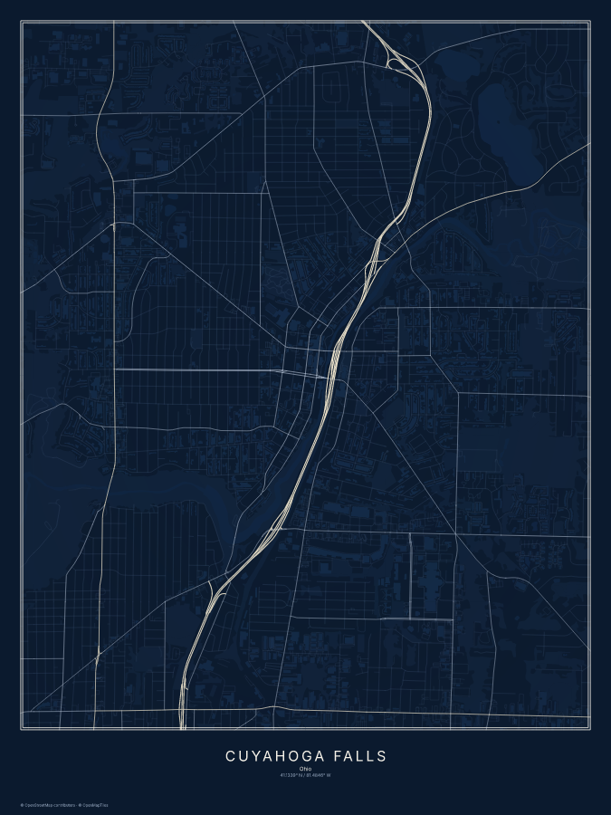 Cuyahoga Falls map poster, midnight style
