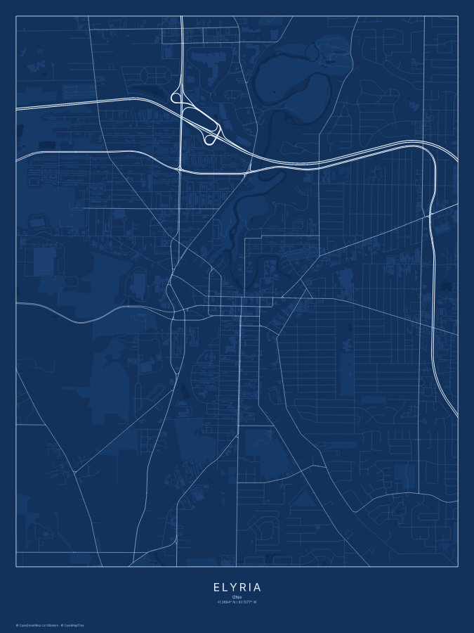 Elyria map poster, blueprint style