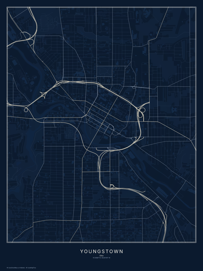 Youngstown map poster, midnight style