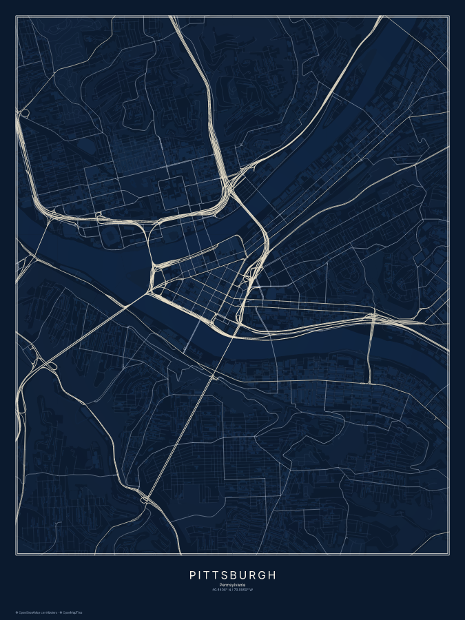 Pittsburgh map poster, midnight style
