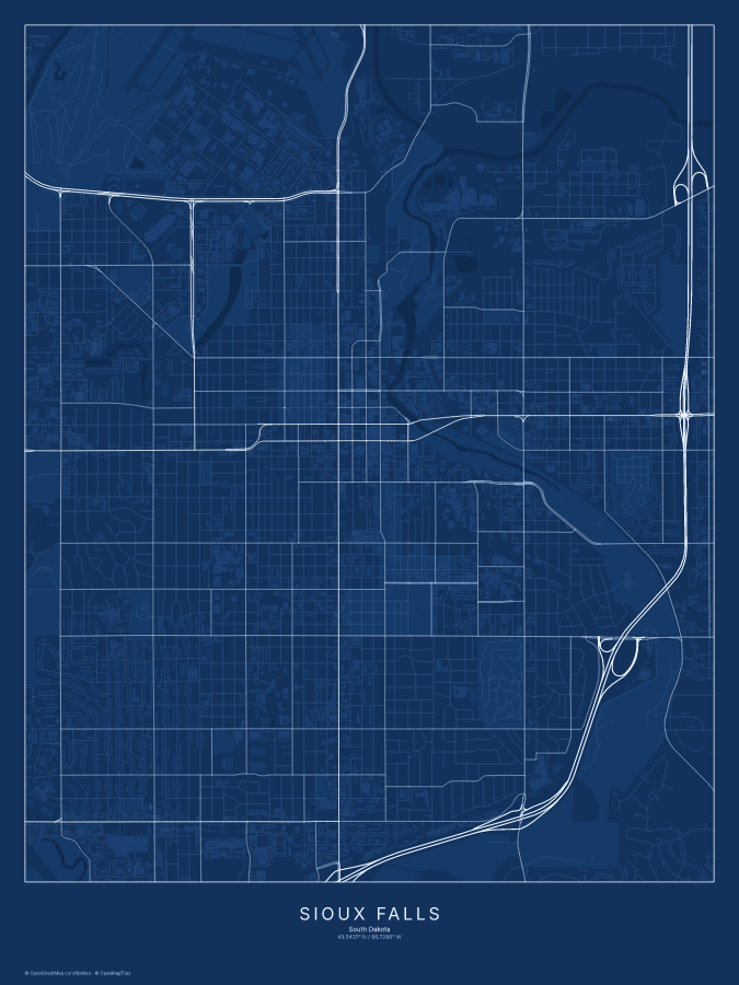 Sioux Falls map poster, blueprint style