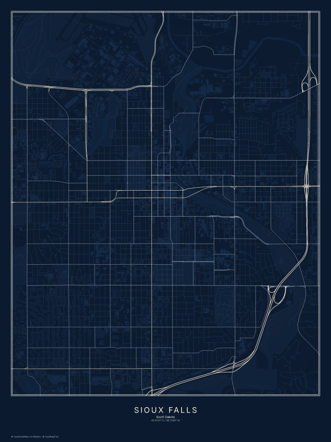Sioux Falls map poster, midnight style