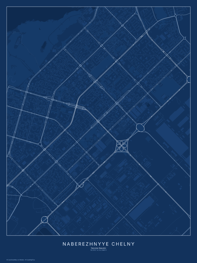 Naberezhnyye Chelny map poster, blueprint style