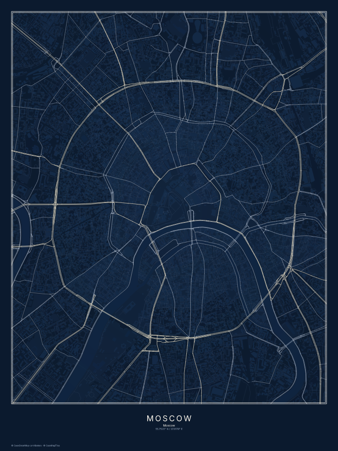 Moscow map poster, midnight style
