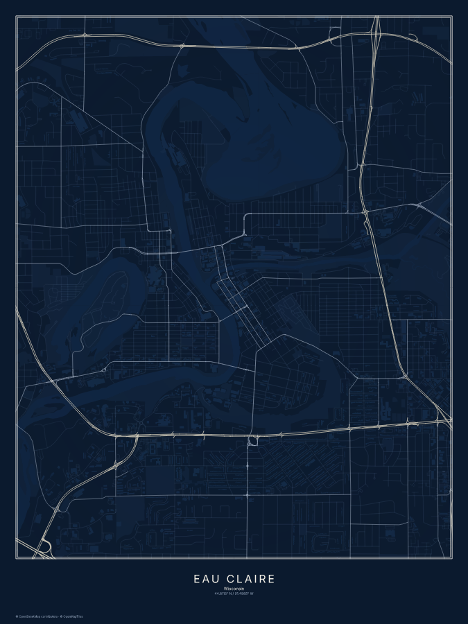 Eau Claire map poster, midnight style