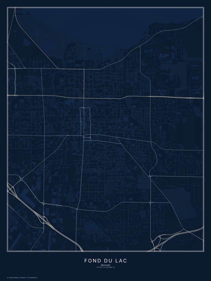Fond du Lac map poster, midnight style