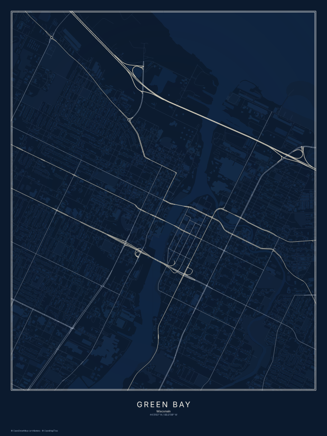 Green Bay map poster, midnight style