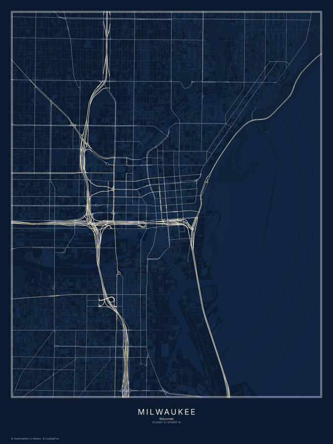 Milwaukee map poster, midnight style