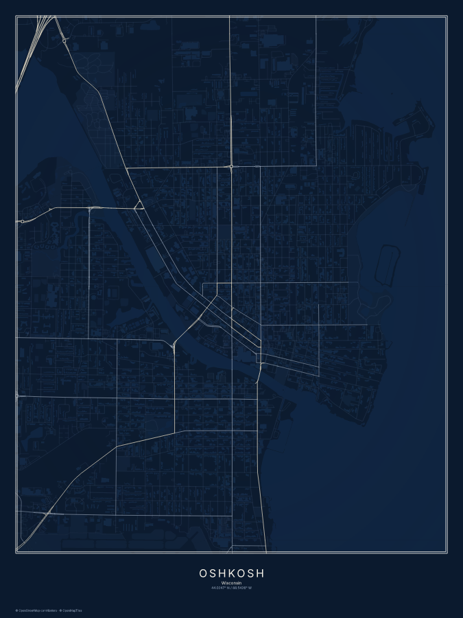 Oshkosh map poster, midnight style