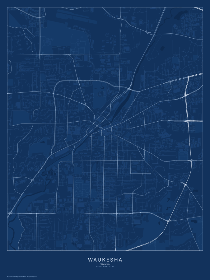 Waukesha map poster, blueprint style