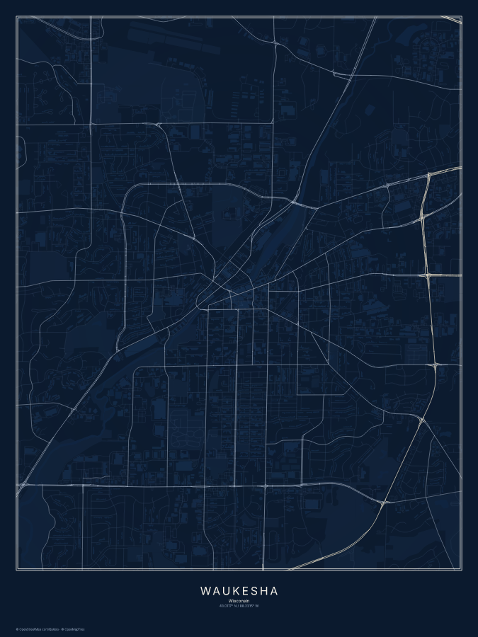 Waukesha map poster, midnight style